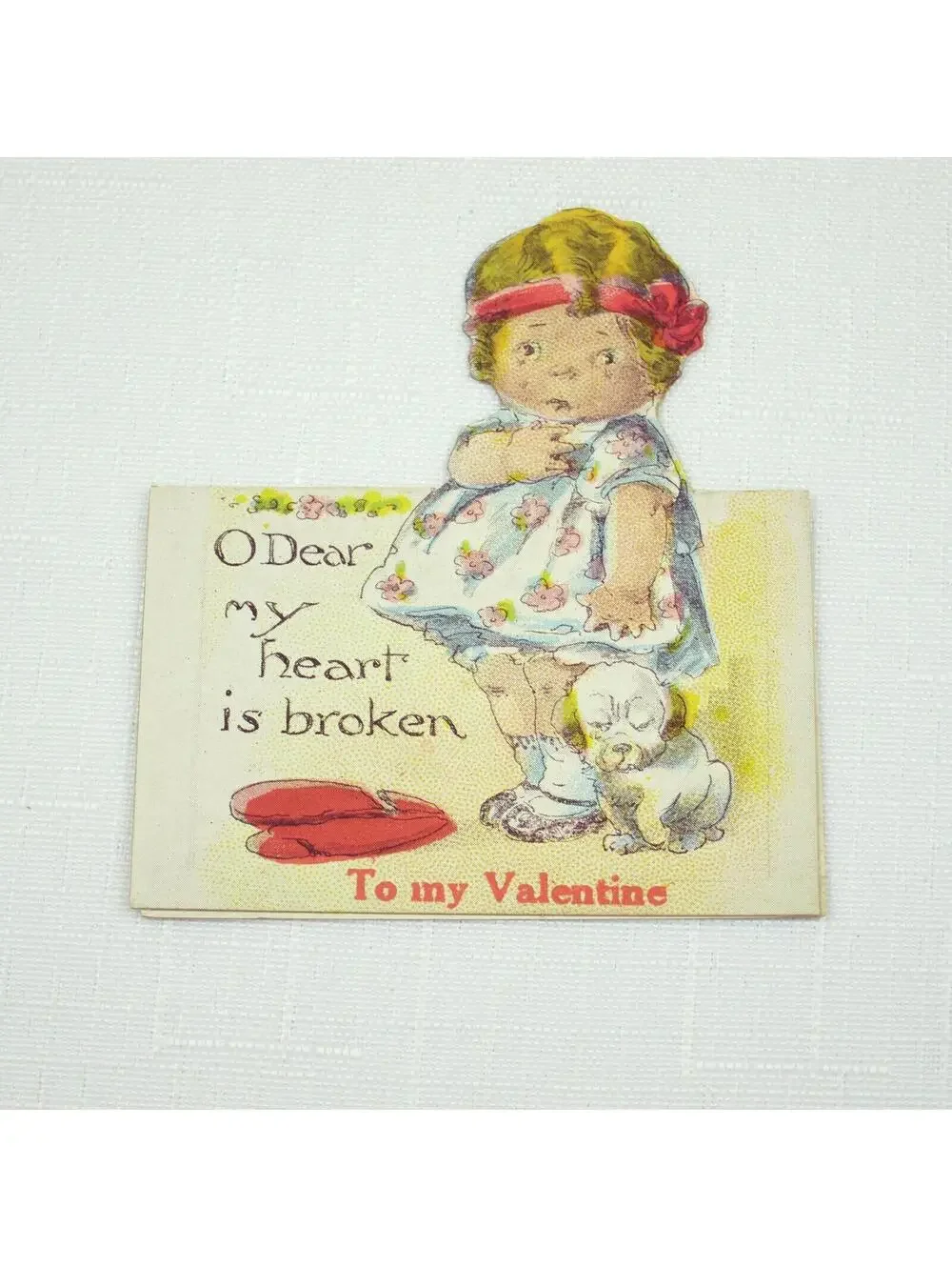 Vintage Valentine Cutout Card Stand Up Girl Crying Puppy Dog 1920s-30s UNSIGNED
